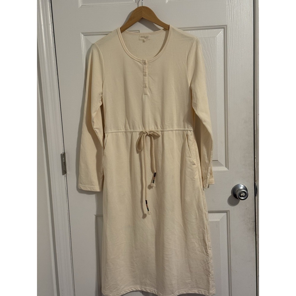 RooLee Mom Beige Cotton Knit Midi Dress Pockets Size L lounge modest minimalist